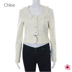Chloe Cream Silk Long Sleeve Collared Round Neck Crop Blazer